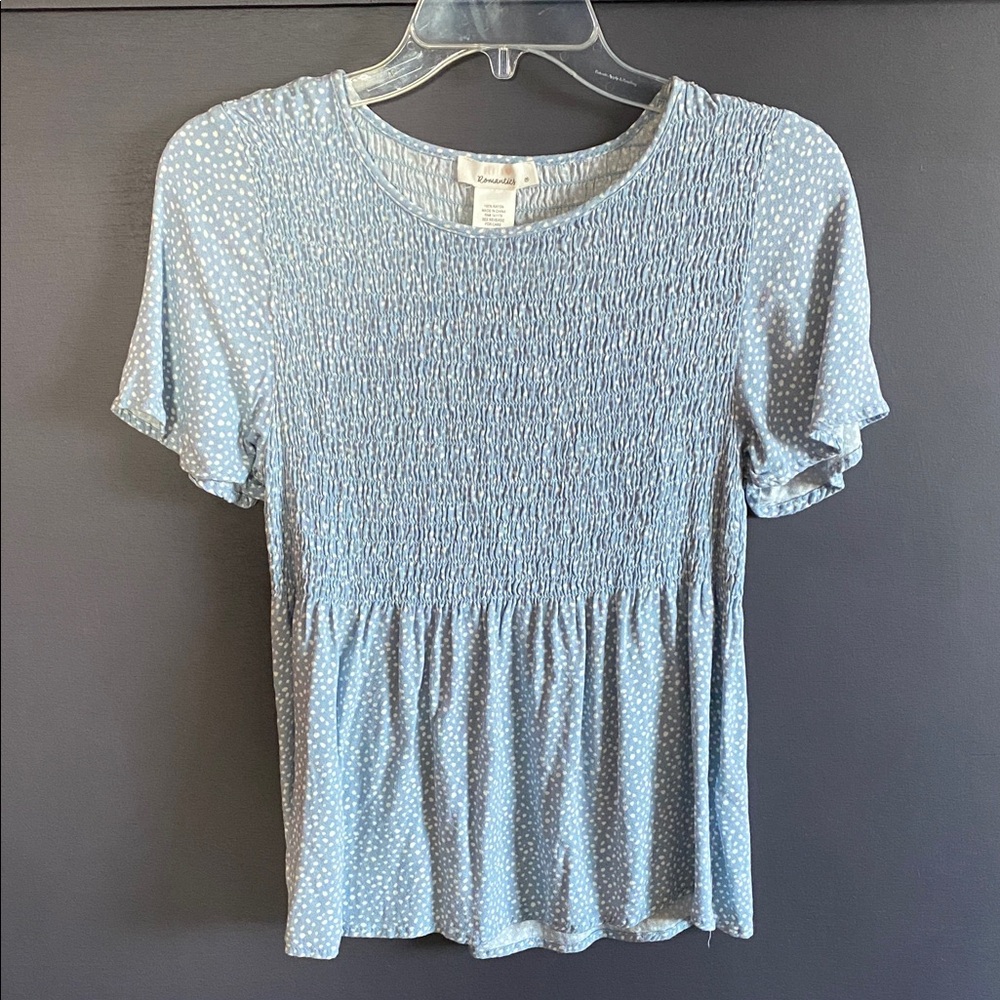 URBAN Romantics Blue Polka Dot Smocked Top